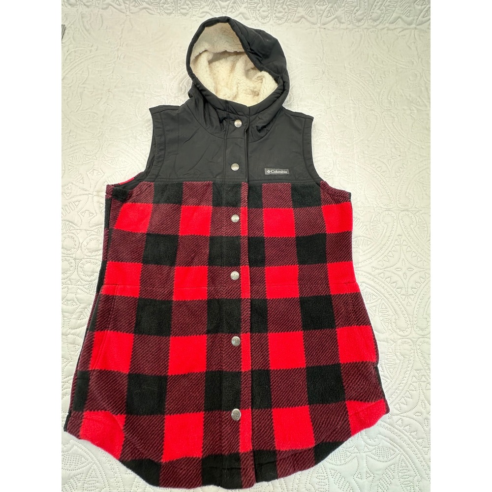 Columbia Womens Buffalo Plaid Hooded Fleece Vest Red Black Sherpa Lined Medium